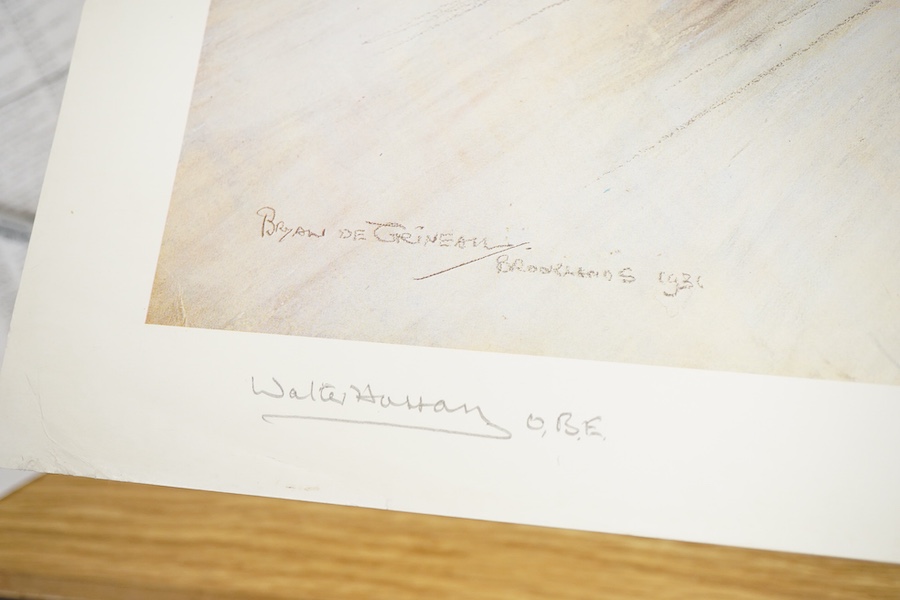 Two framed and signed motor racing lithographs by Anthony Heal and Walter Hassan of Le Mans and Brookslands racing scenes, the largest frame 61.5 x 76cm, together with a folio containing a large number of unframed simila